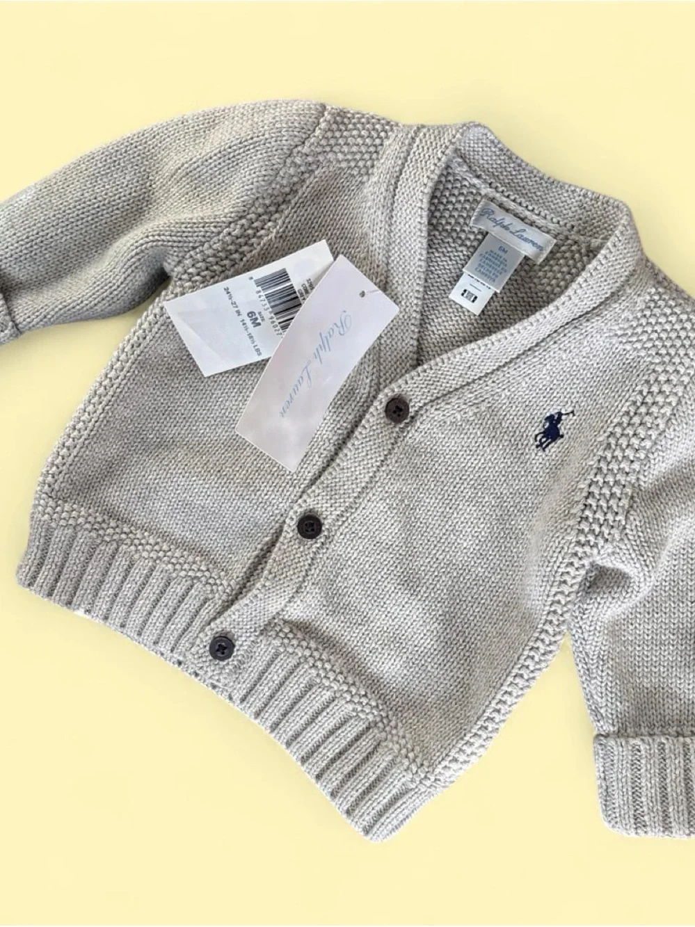 Ralph Lauren Light Gray Knit Baby Cardigan with Navy Pony